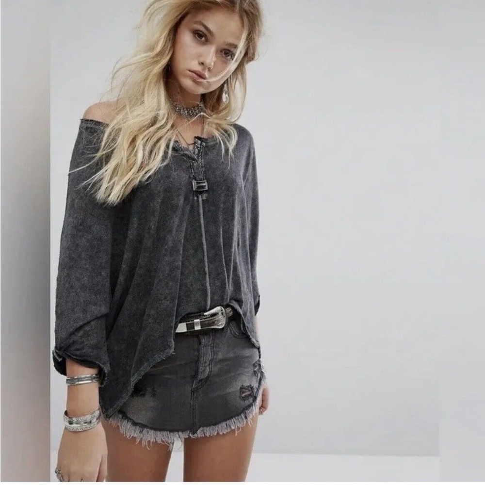 We the Free First Base Henley Drop Shoulder Top Acid Wash Indie Boho Shirt Small